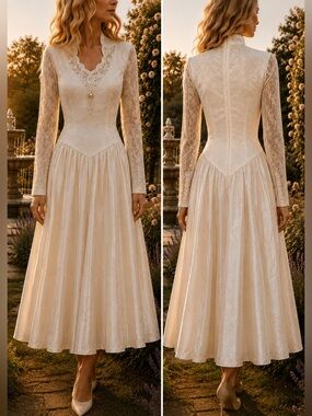 Vintage Lace Satin Pearl Beaded Victorian Gatsby 80s 90s Bridal Wedding Dress